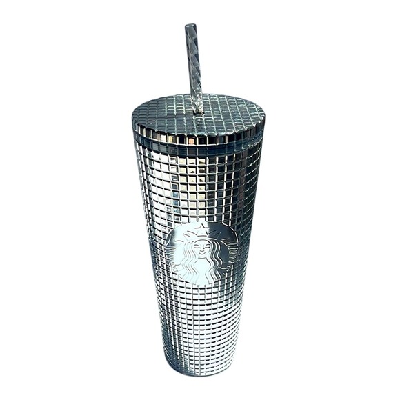 Starbucks Other - Starbucks Metallic Silver Grid Tumbler Cup with‎ Straw